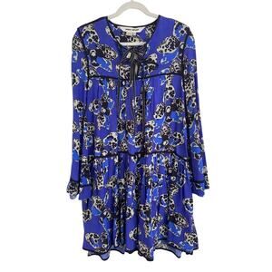 Dhruv Kapoor Long Sleeve Blue Print Babydoll Swing Mini Dress Anthropologie NWT